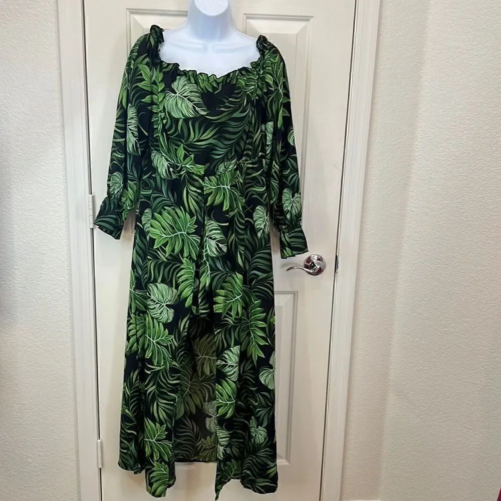 Shein XL Tropical Palm Short Romper Flowing Dress On Off Shoulder Elastic Chest